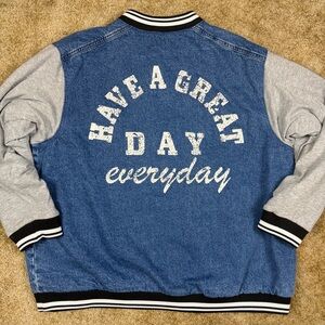 H&M Denim Varsity Jacket Large Retro Blue Gray “Have A Great Day Everyday” EUC